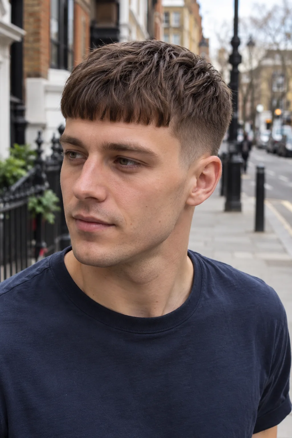 Young man with a mid brown French crop, a blunt straight fringe above the eyebrows and short faded sides, on a city street
