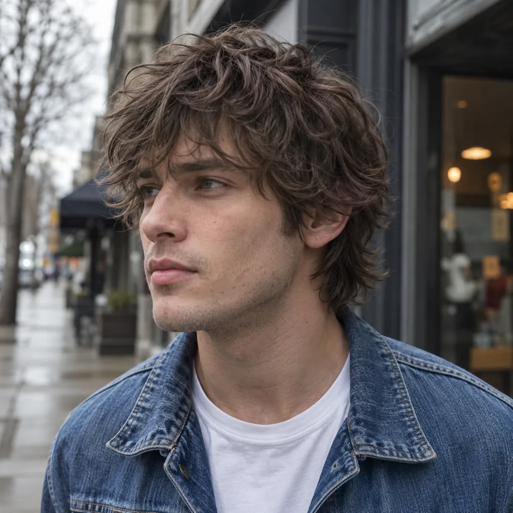 Young man with a mid brown shaggy haircut, choppy layers and a broken fringe, standing on a city sidewalk in a denim jacket