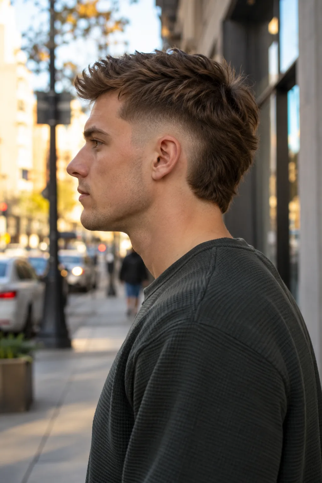 Young man with a mid brown textured top and a burst fade curving around the ear, the hair at the back of the neck left long, standing on a city sidewalk
