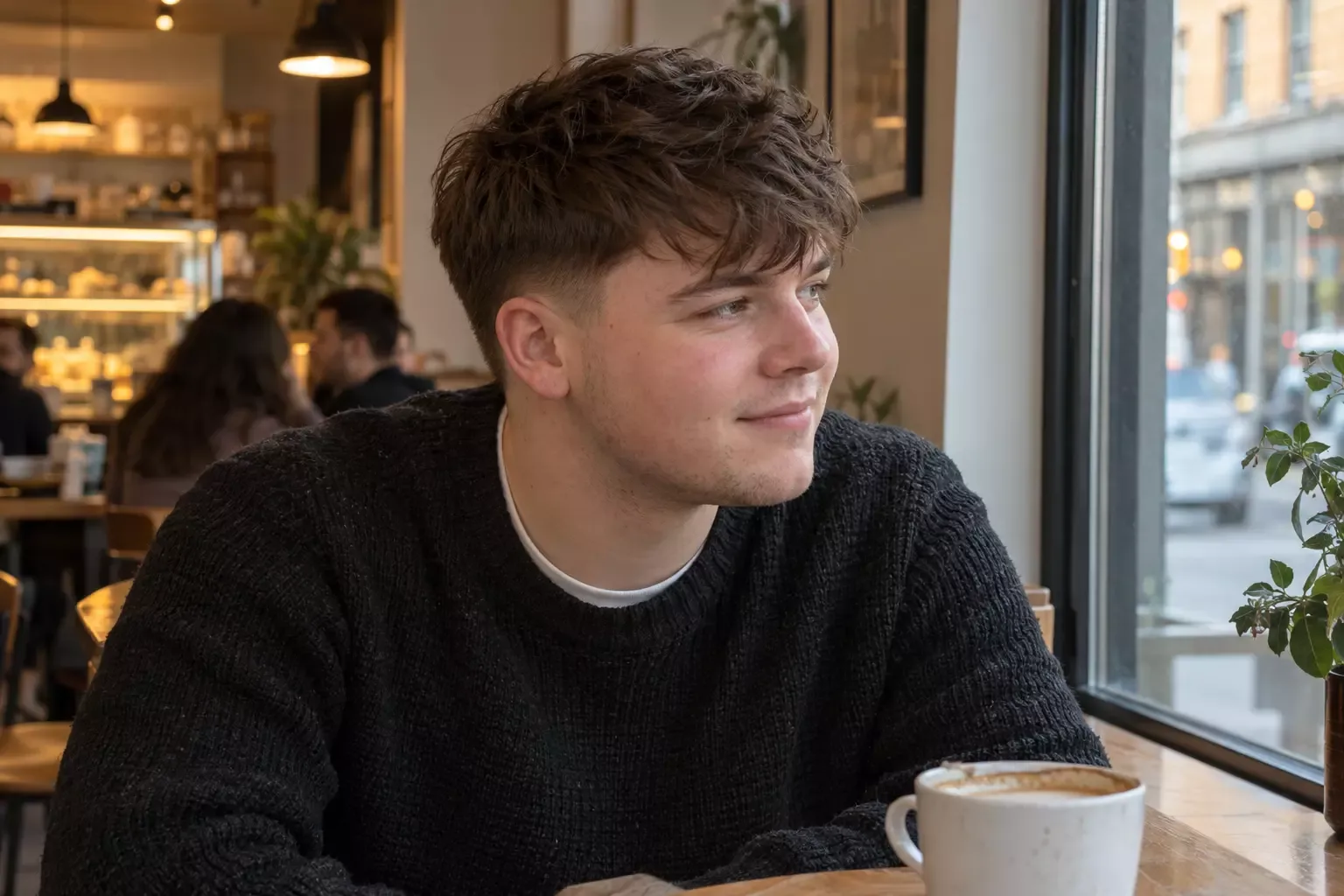 Young man with a round face and a dark brown textured fringe pushed to one side, smiling by a cafe window