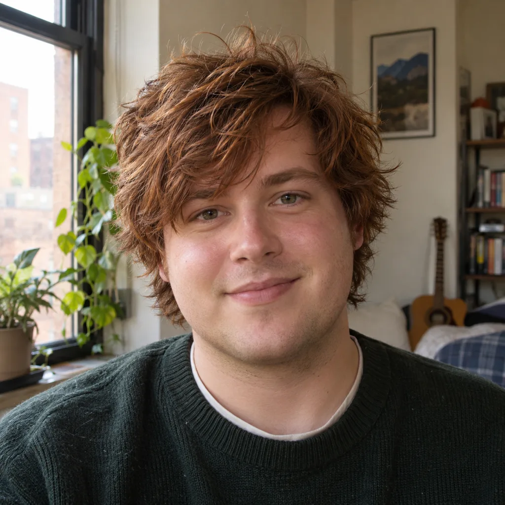 Young man with a round face and an auburn shaggy haircut lifted at the crown, by an apartment window