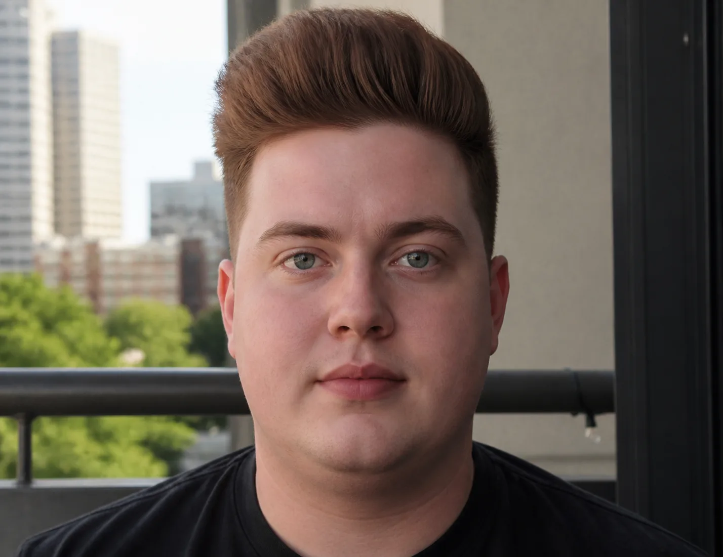 Young man with a round face and auburn hair on a balcony, the hair brushed straight up into a tall quiff with very short tapered sides