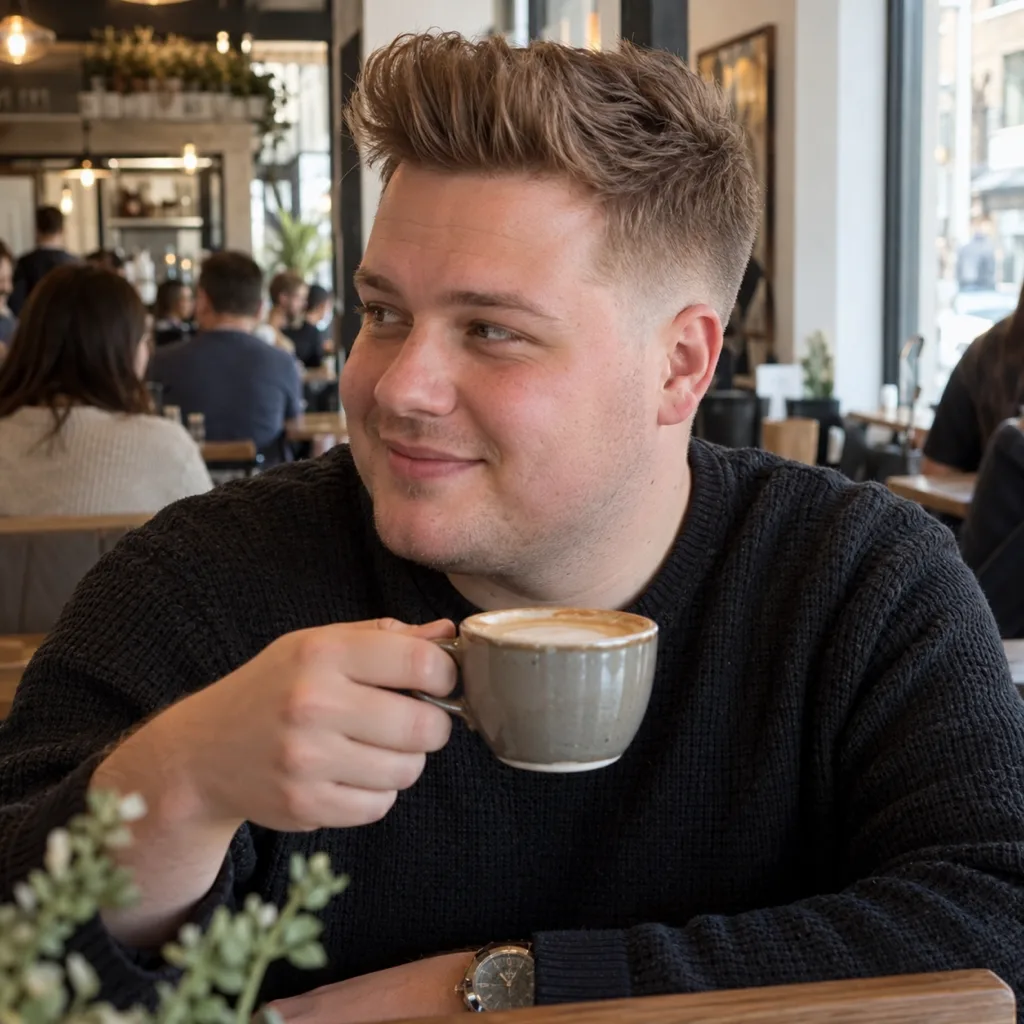 Young man with a round face in a cafe holding a coffee, his light brown hair styled up in a quiff over tight faded sides