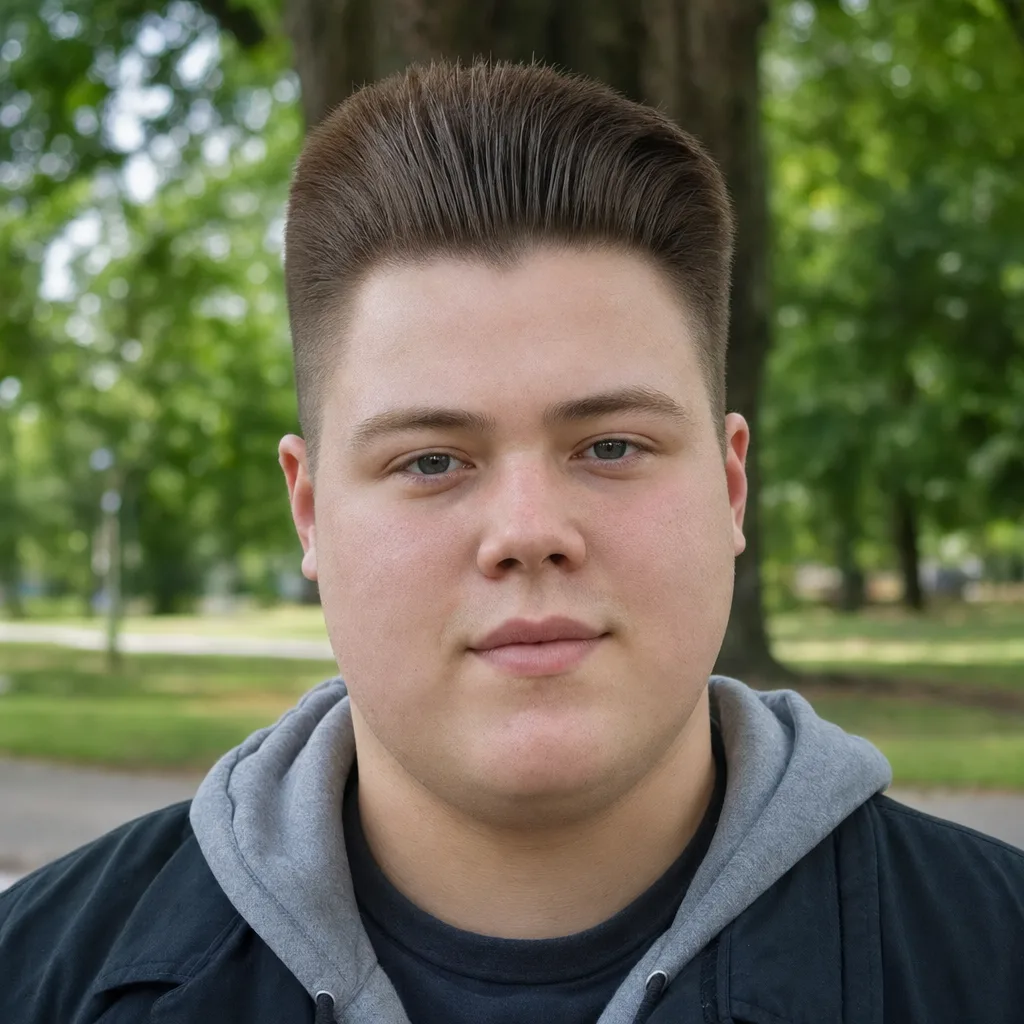Young man with a round face and straight mid brown hair cut with clear height at the front and close sides, photographed in a park