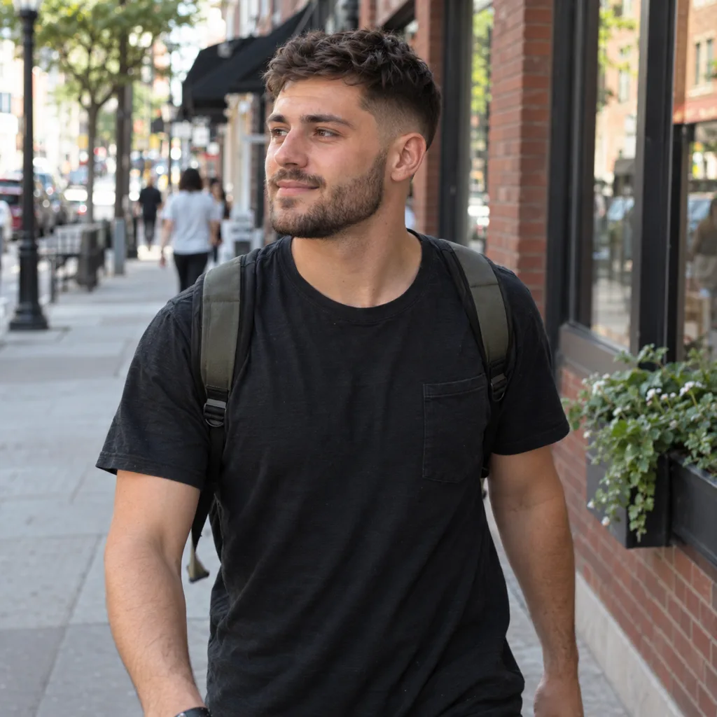 Young man with a short beard and a textured crop walking on a city sidewalk