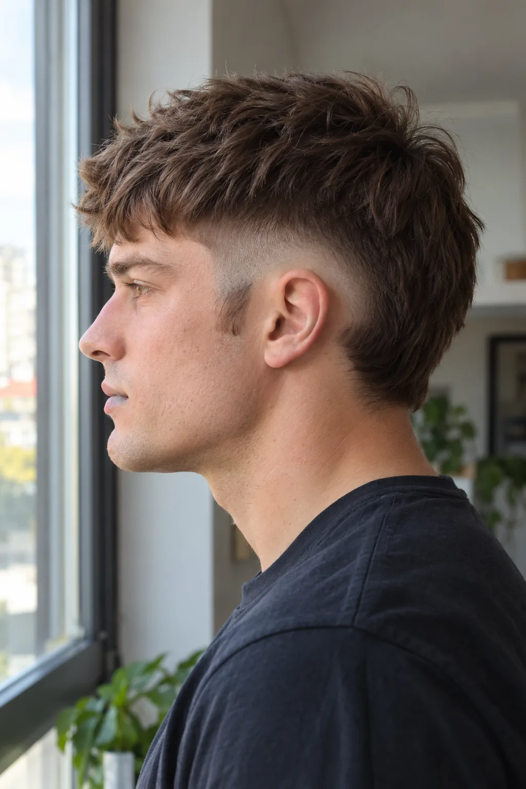 Young man with a short brown textured crop and messy fringe over a burst fade, standing by a window at home