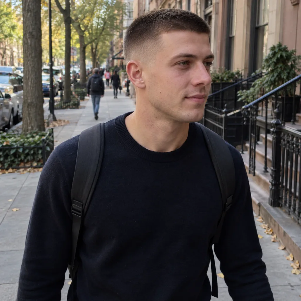 Young man with a short dark brown buzz cut and a fade above the ear, walking on a tree lined city sidewalk with a backpack