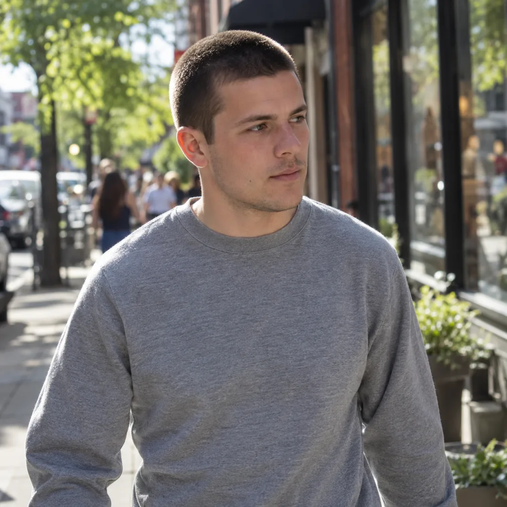 Young man with a short dark brown buzz cut walking on a sunny city sidewalk