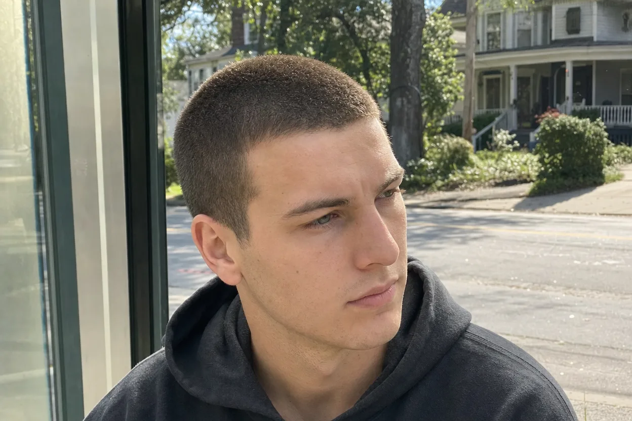 Young man with a short even buzz cut in mid brown, sitting at a glass bus shelter on a sunny residential street