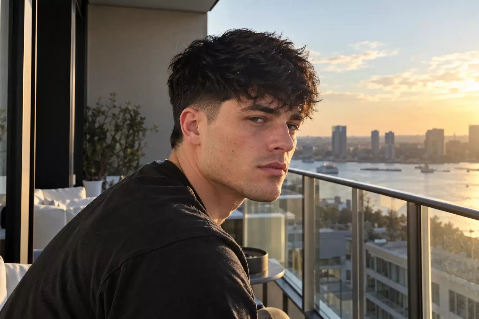 Young man with a square jaw and a black messy textured fringe over a low taper, on a balcony at sunset