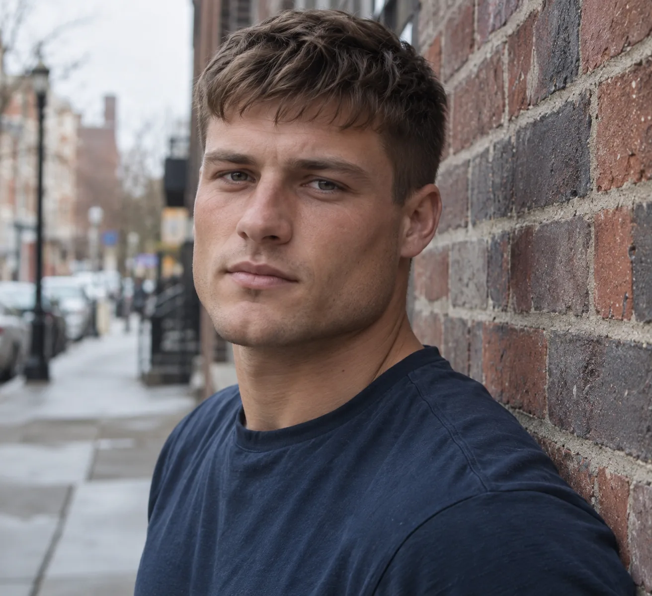 Young man with a square jaw and a short mid brown textured crop with a choppy fringe, leaning on a brick wall