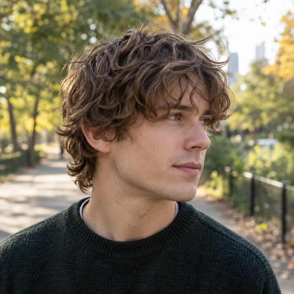 Young man with a wavy brown shag haircut, layers curling over his ears, on a tree lined park path
