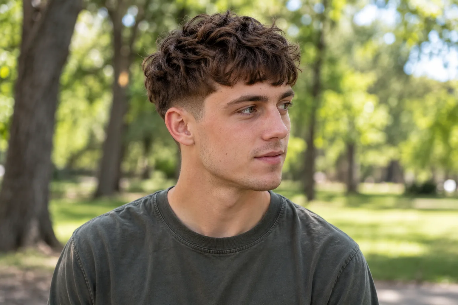Young man with a wavy brown textured crop and tapered sides in a sunny park