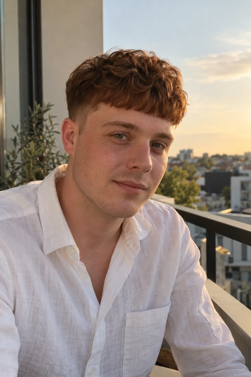 Young man with an auburn wavy French crop, a short fringe and a low skin fade, on a balcony at sunset