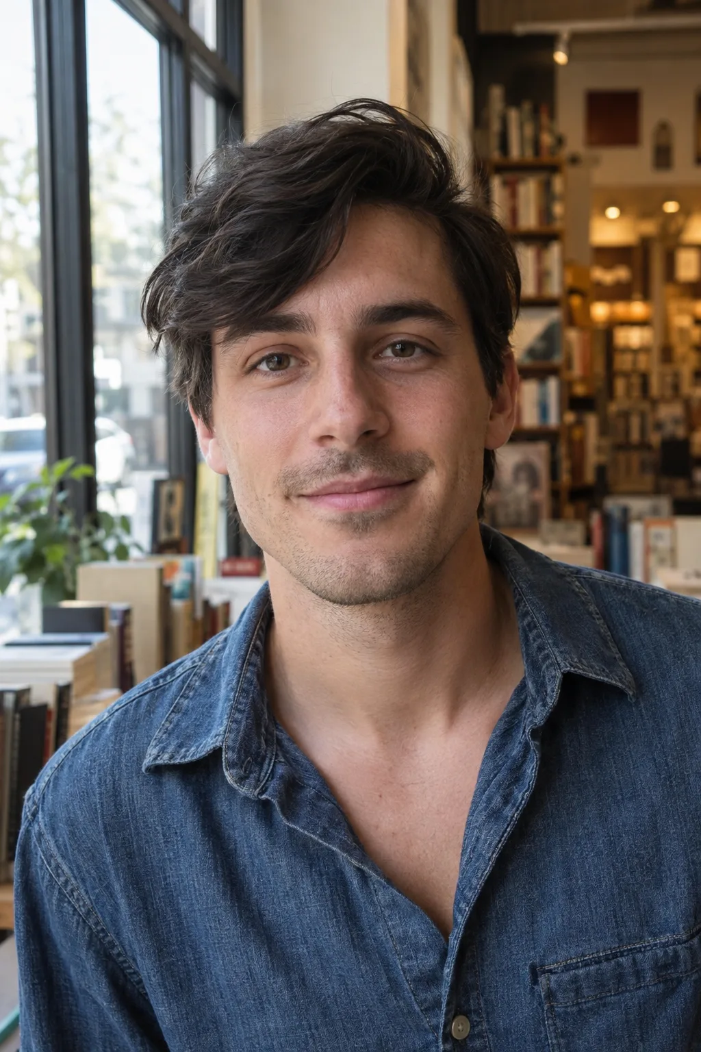 Young man with an oval face and a medium-length black side-swept cut, standing by a bookstore window