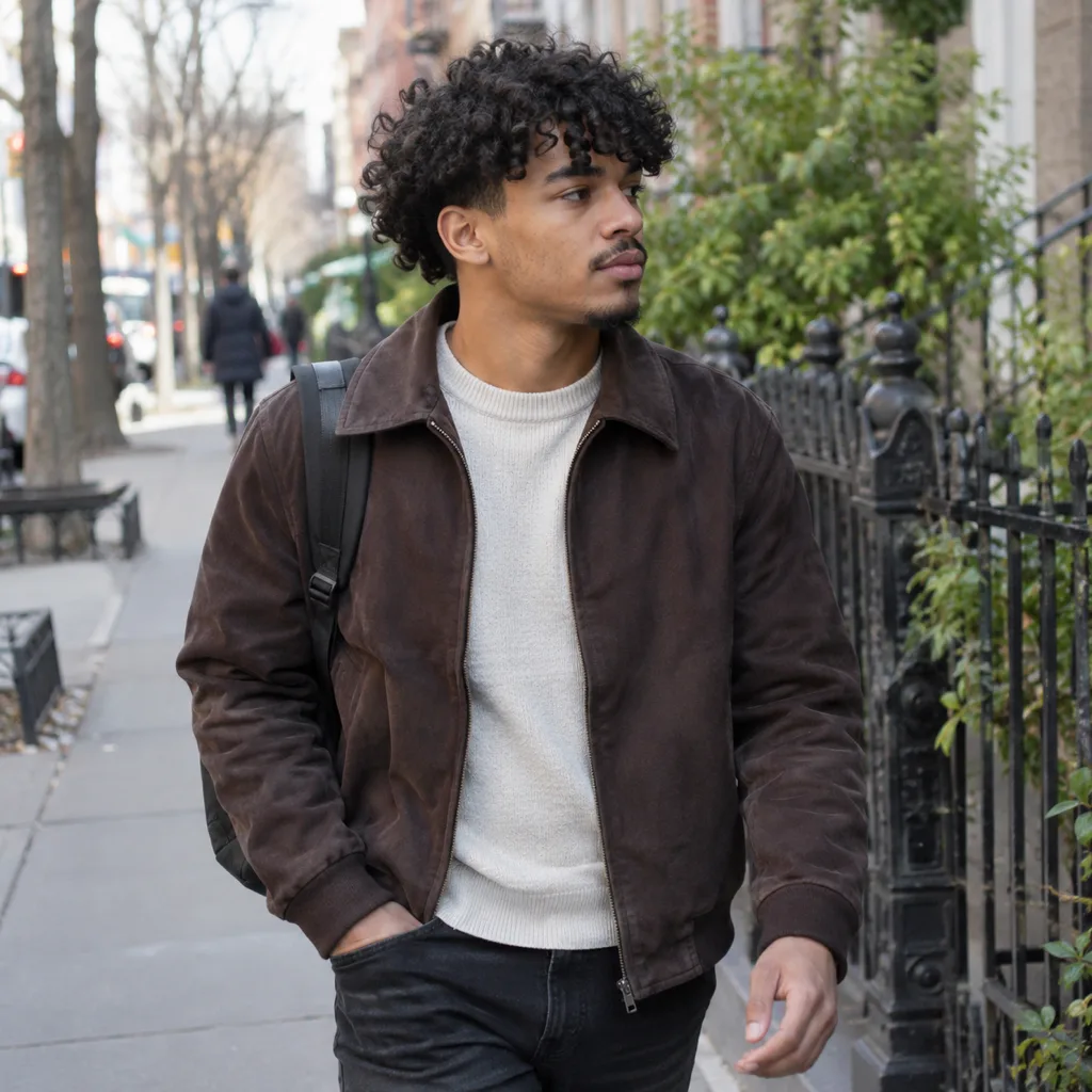 Young man with black spiral curls on top and short tapered sides walking on a city sidewalk