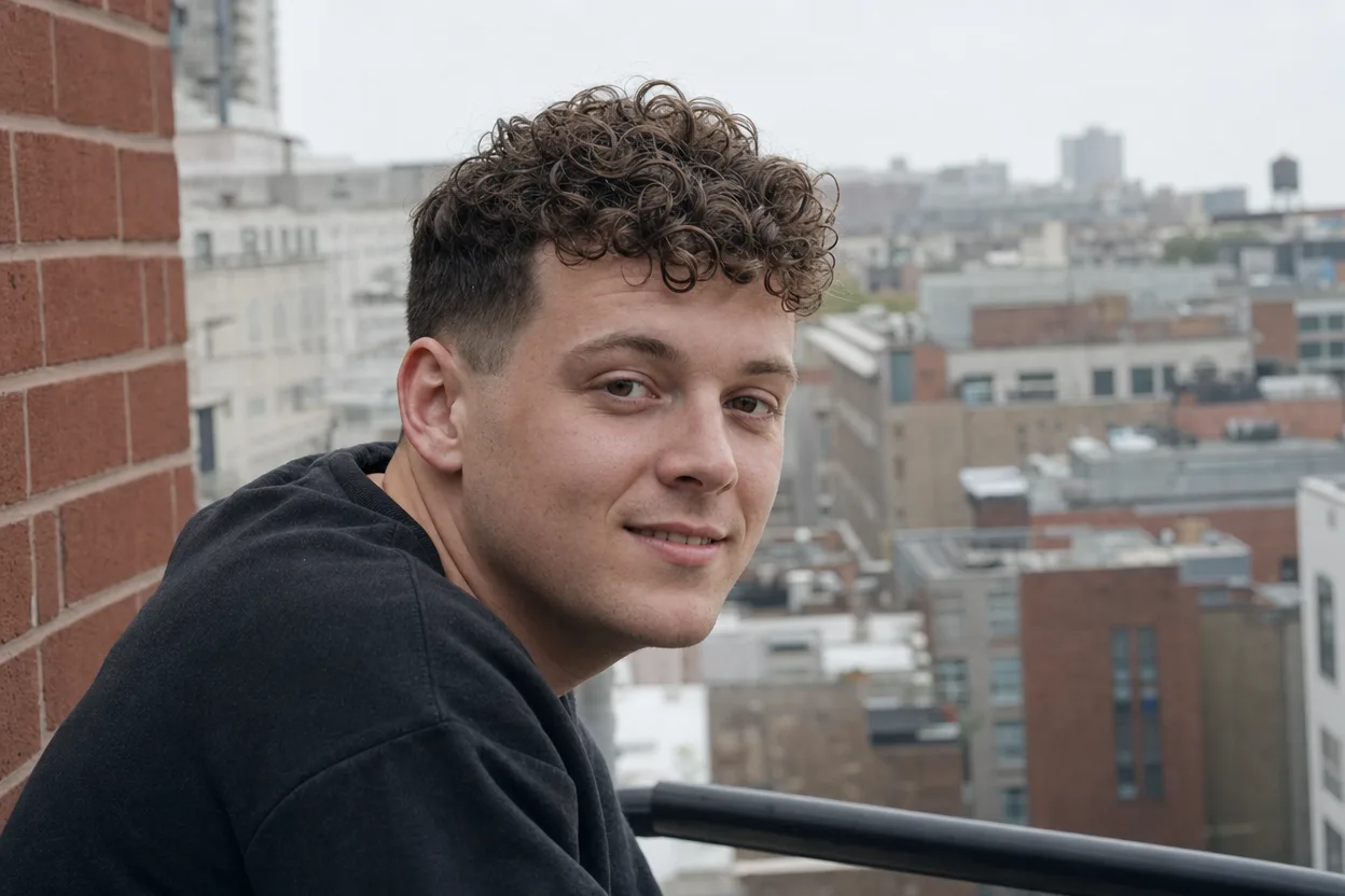 Young man with brown curly hair, defined ringlets on top and short tapered sides, smiling on an apartment balcony above city rooftops