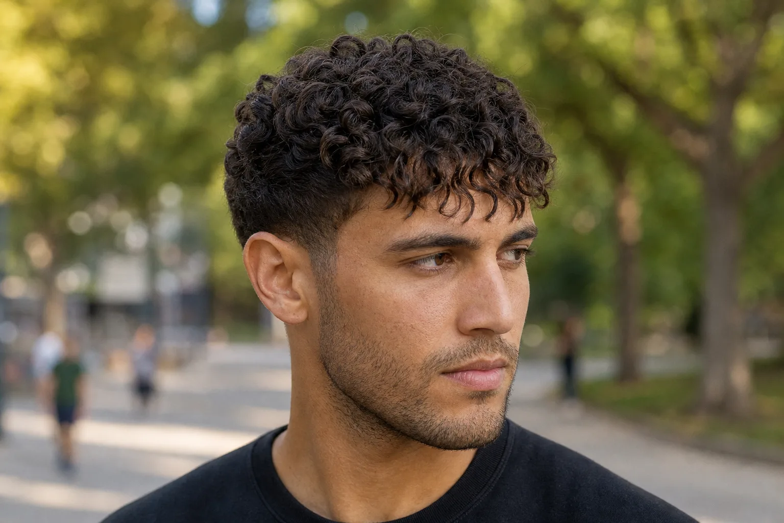 Young man with curly dark hair styled into a defined textured fringe of loose curls over the forehead with short tapered sides, standing in a park