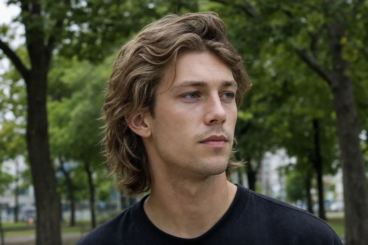 Young man with dirty blonde hair in a wavy mid-length flow falling past his ears, loose and textured with a matte finish, standing in a park