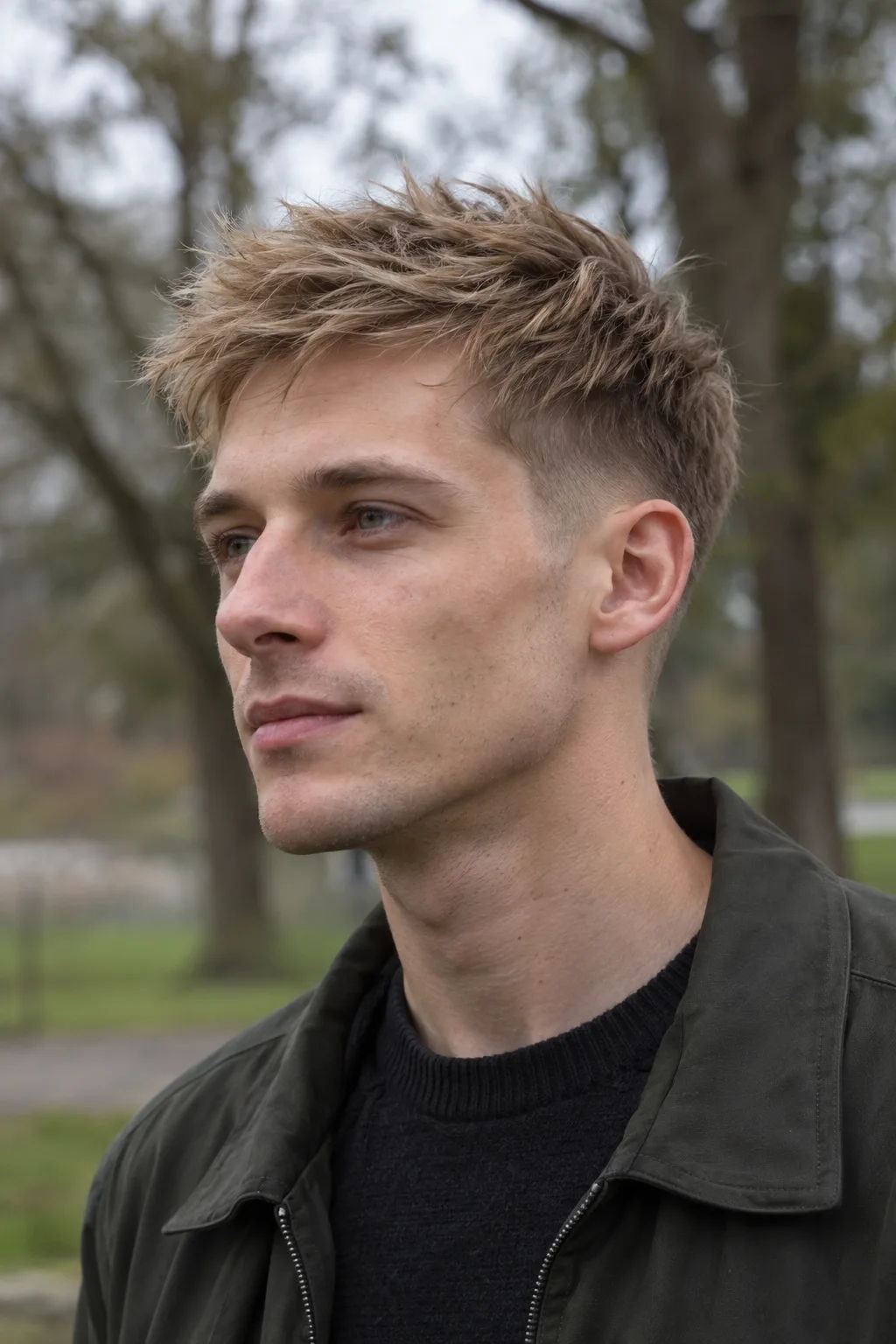 Young man with fine dirty blonde straight hair cut short and choppy on top over a low taper at the sideburn, in a park