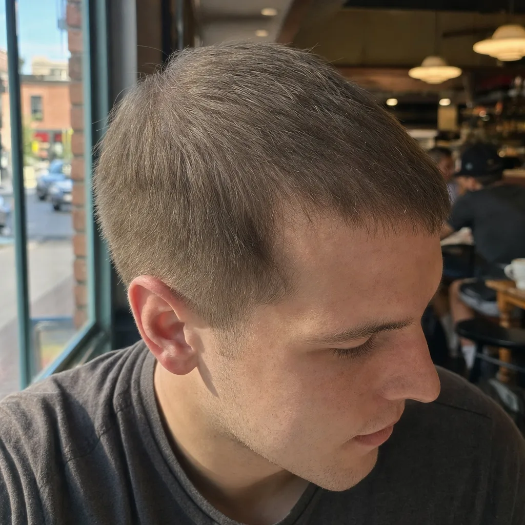 Young man with fine dead straight light brown hair in a short blunt crew cut, photographed by a cafe window in daylight