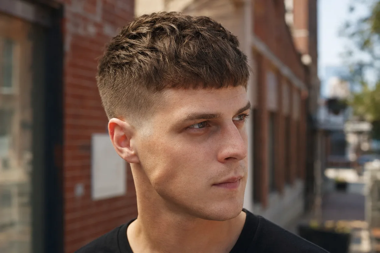 Young man with light brown hair in a textured crop, choppy matte pieces pushed forward to a short blunt fringe, with short faded sides, on a sunny brick street