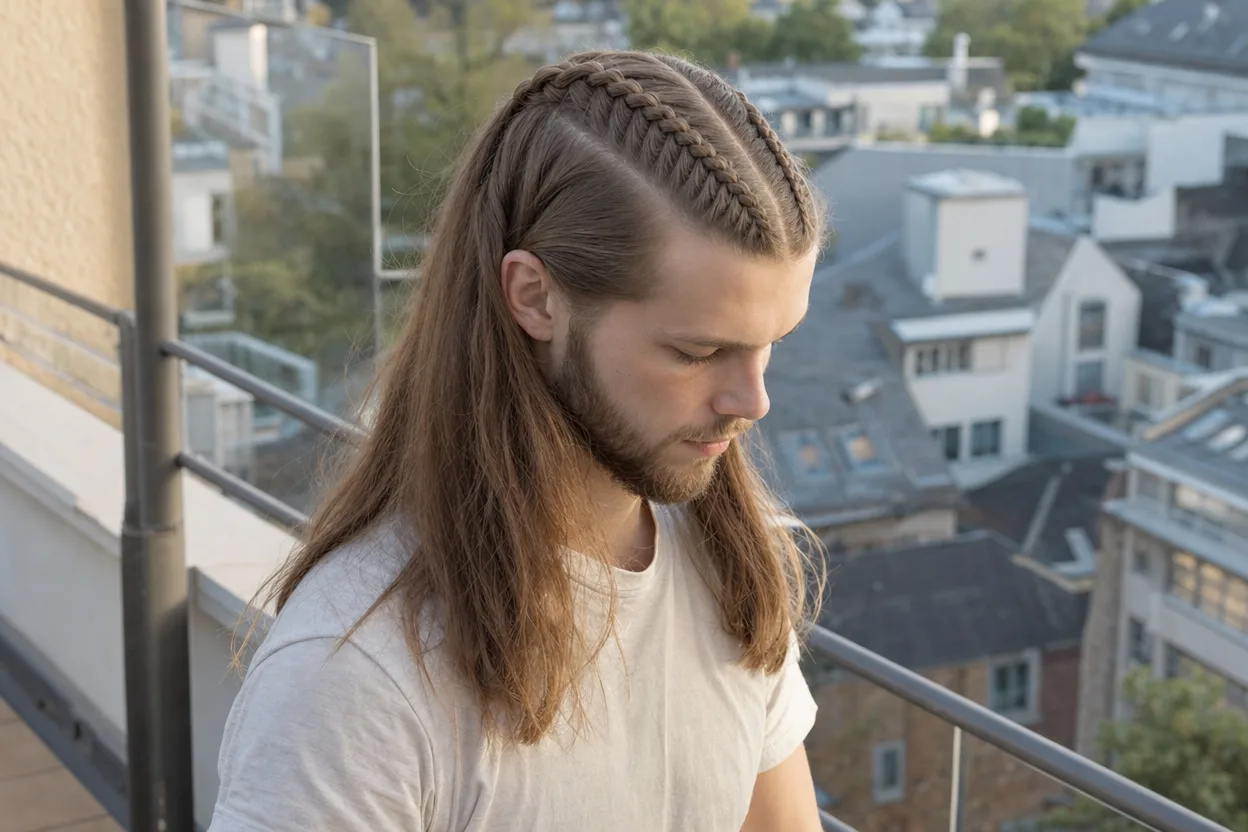 Young man with long light brown hair, two braids running back along the top of his head and the rest worn loose past the shoulders, standing on a balcony