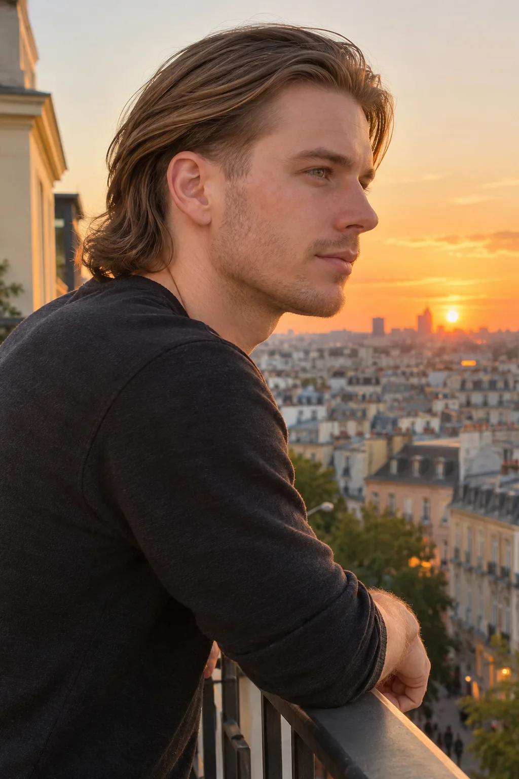 Young man with long straight light brown hair swept back past his ears to the jaw, the sideburn tapered short, on a balcony at sunset