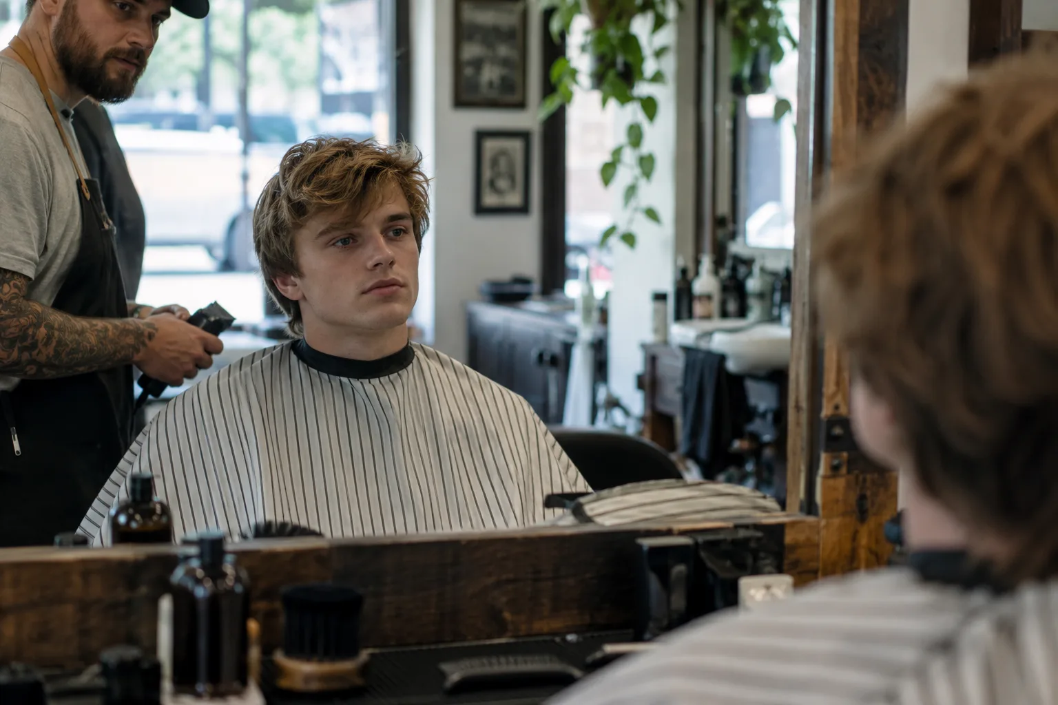 Young man with messy dirty blonde hair in a barbershop chair before a haircut, looking at the mirror