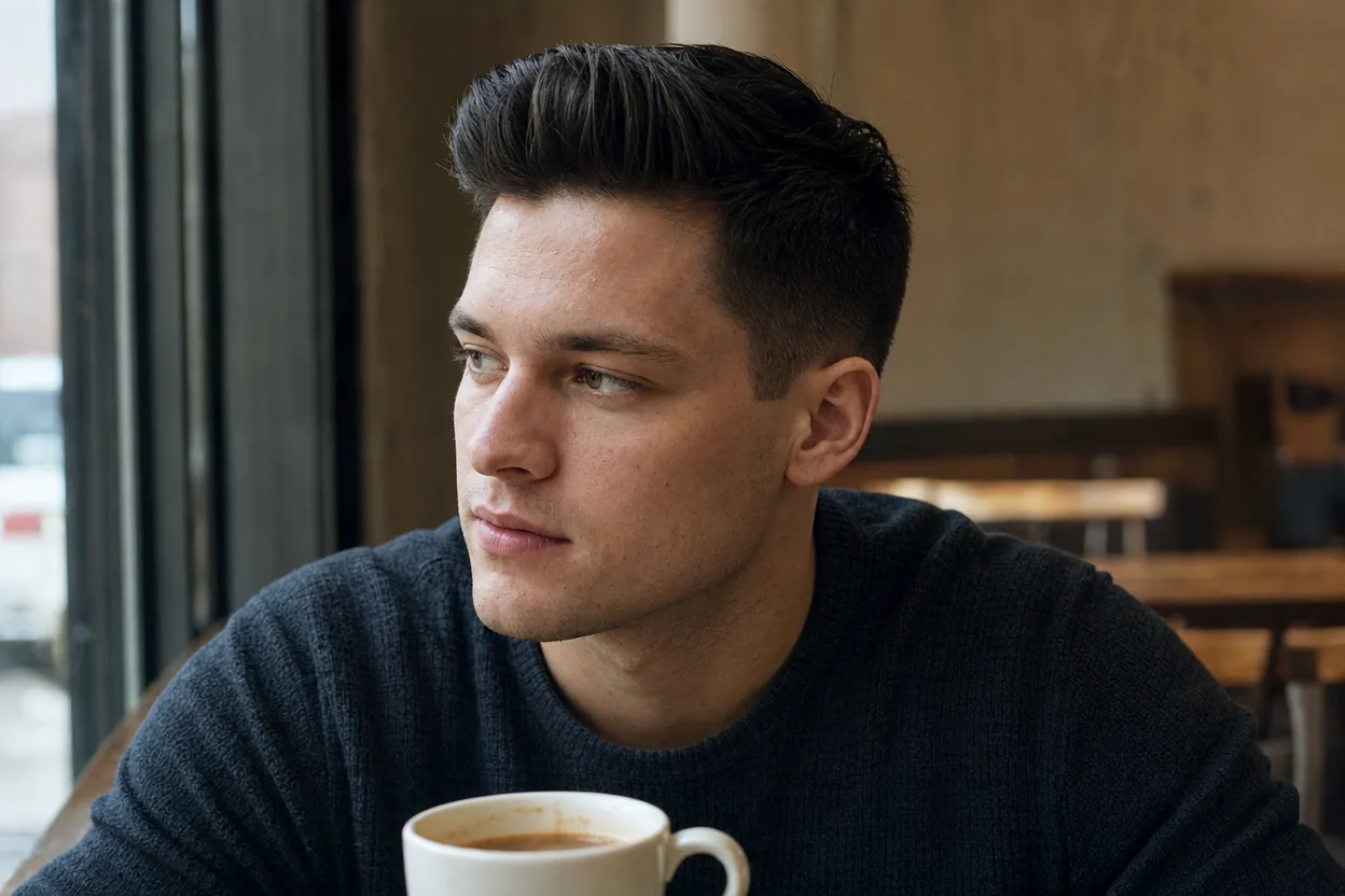 Young man with near-black hair in a short quiff, the front brushed up and back with a soft sheen and tapered sides, sitting at a cafe window with a coffee