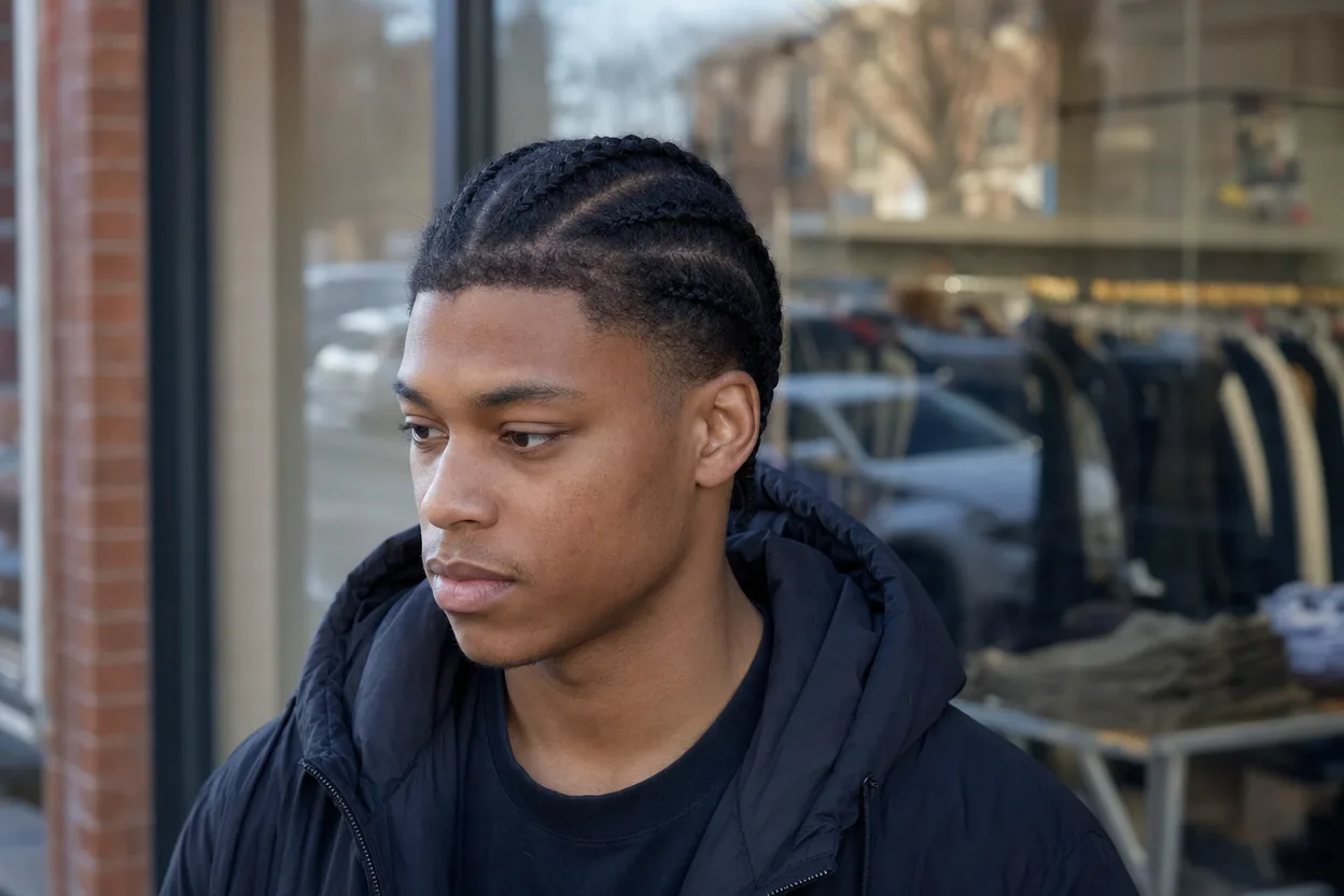 Young man with short jet black hair in tight straight-back cornrows running from the hairline to the nape, standing outside a shopfront
