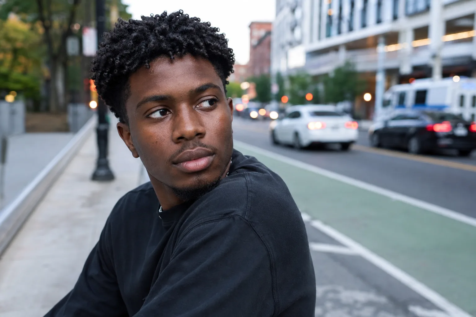Young man with short tightly coiled hair looking back over his shoulder on a city sidewalk at dusk