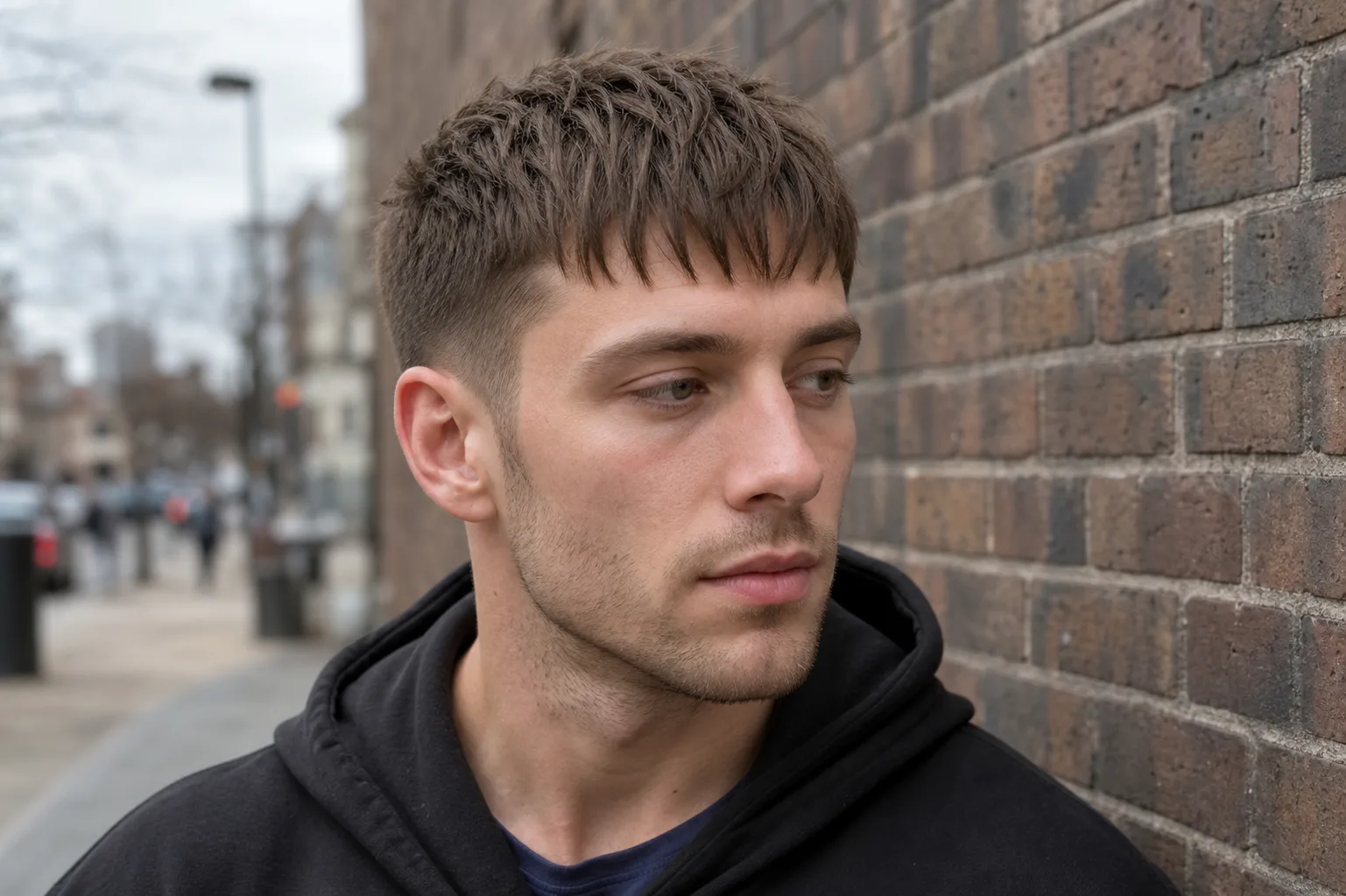 Young man with straight brown hair in a textured fringe with piece y strand separation across the forehead and neatly tapered short sides, three quarter view on a city street