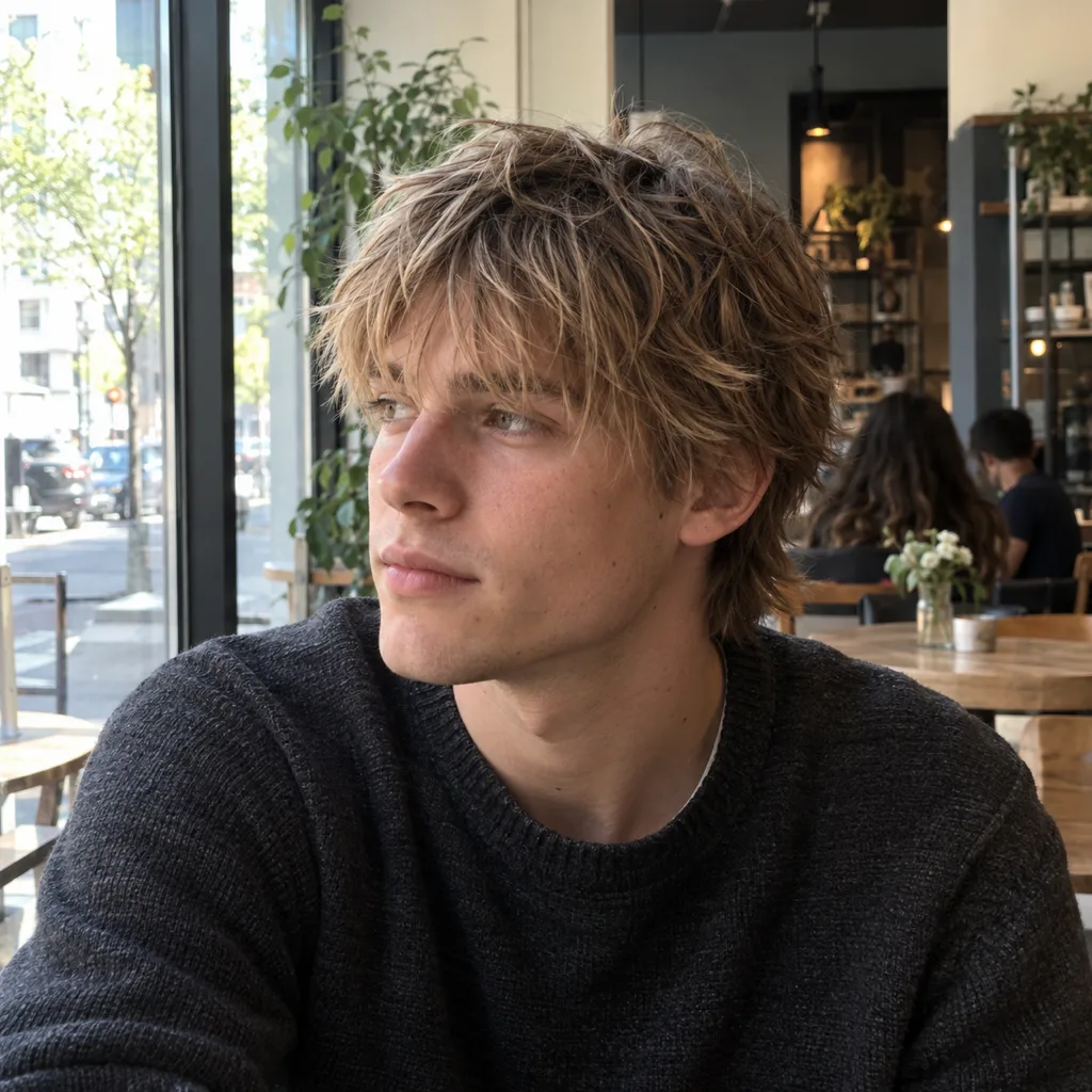 Young man with straight dirty blonde shaggy hair and a wispy fringe, sitting by a cafe window