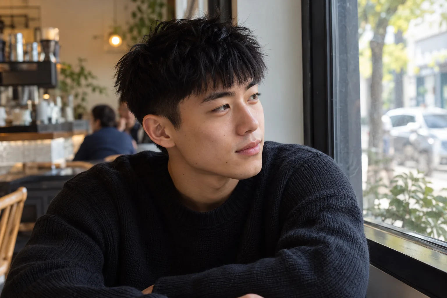 Young man with thick straight black hair in a choppy textured crop, sitting by a cafe window