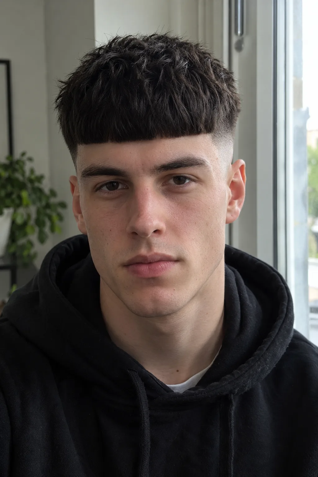 Young man with thick straight black hair in a heavy blunt French crop fringe over a skin fade, by a window at home