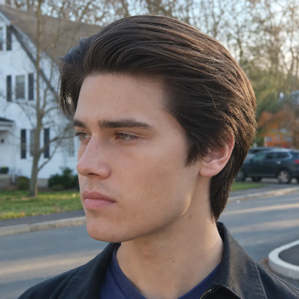 Young man with thick dead straight dark brown hair in a longer layered top swept back, standing on a street in available light
