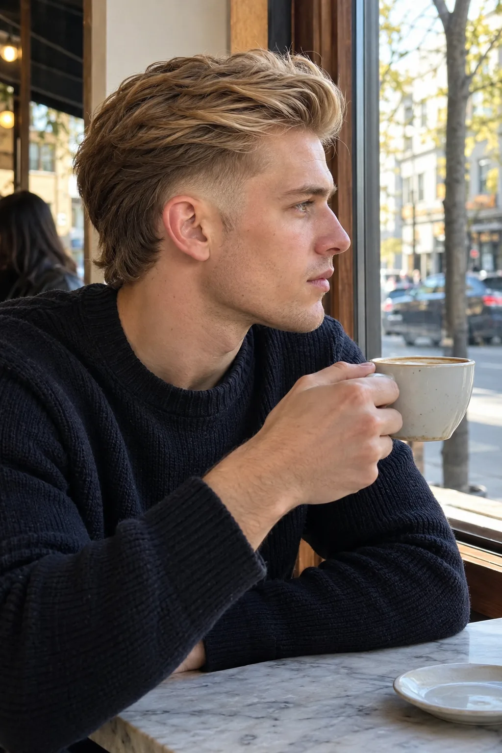 Young man with thick straight dirty blonde hair swept back over a burst fade, holding a coffee cup at a cafe window