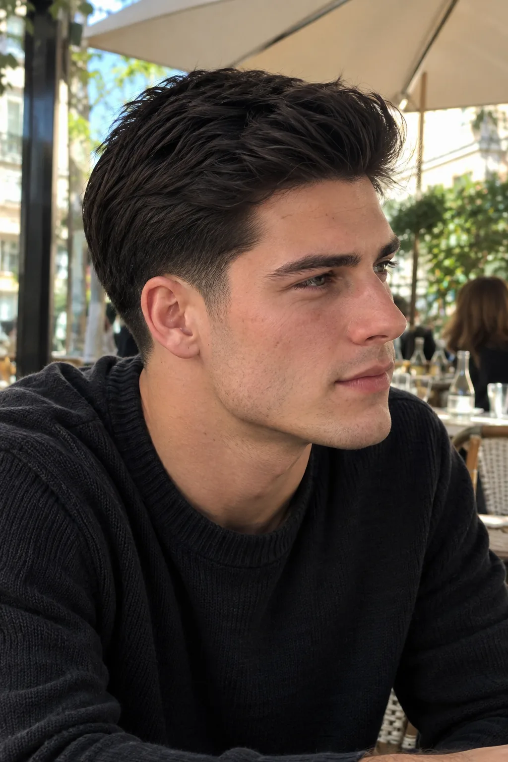 Young man with thick straight near black hair pushed up and back with texture, low taper at the sideburn, at an outdoor cafe table