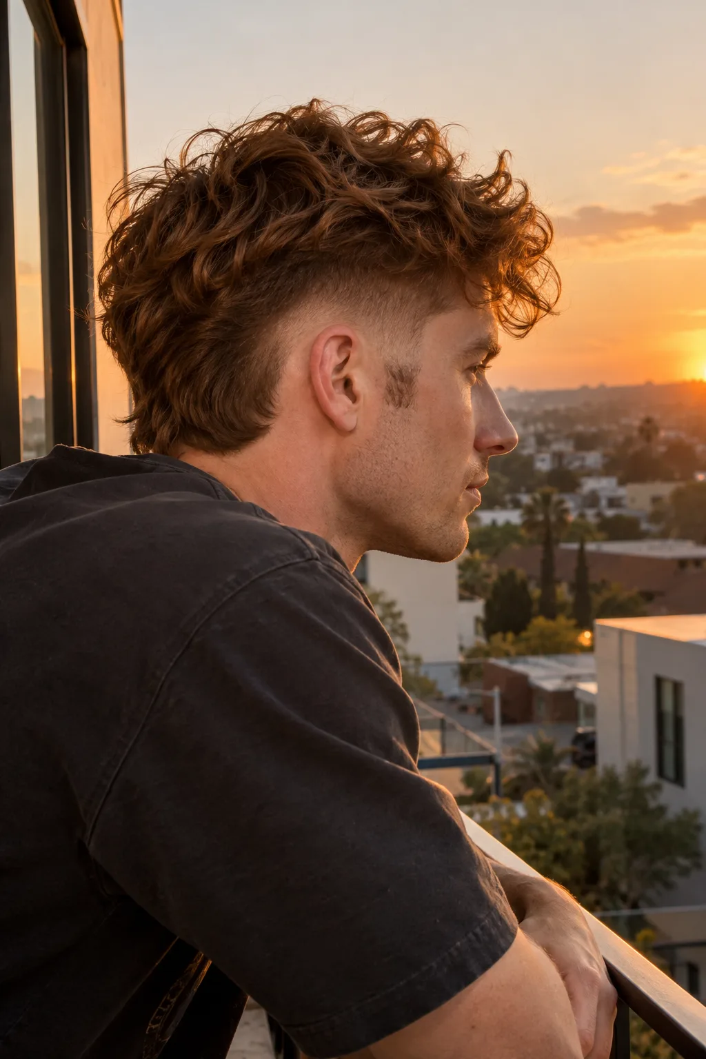 Young man with wavy auburn hair and a burst fade around the ear, leaning on a balcony railing at sunset