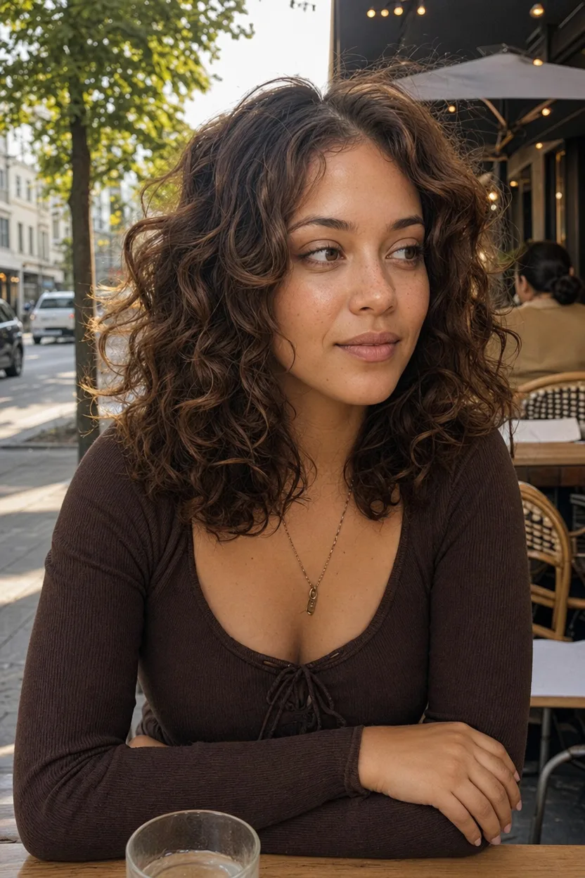 Young woman at a sidewalk cafe with chestnut waves and loose ringlets cut to the shoulder in a rounded layered shape