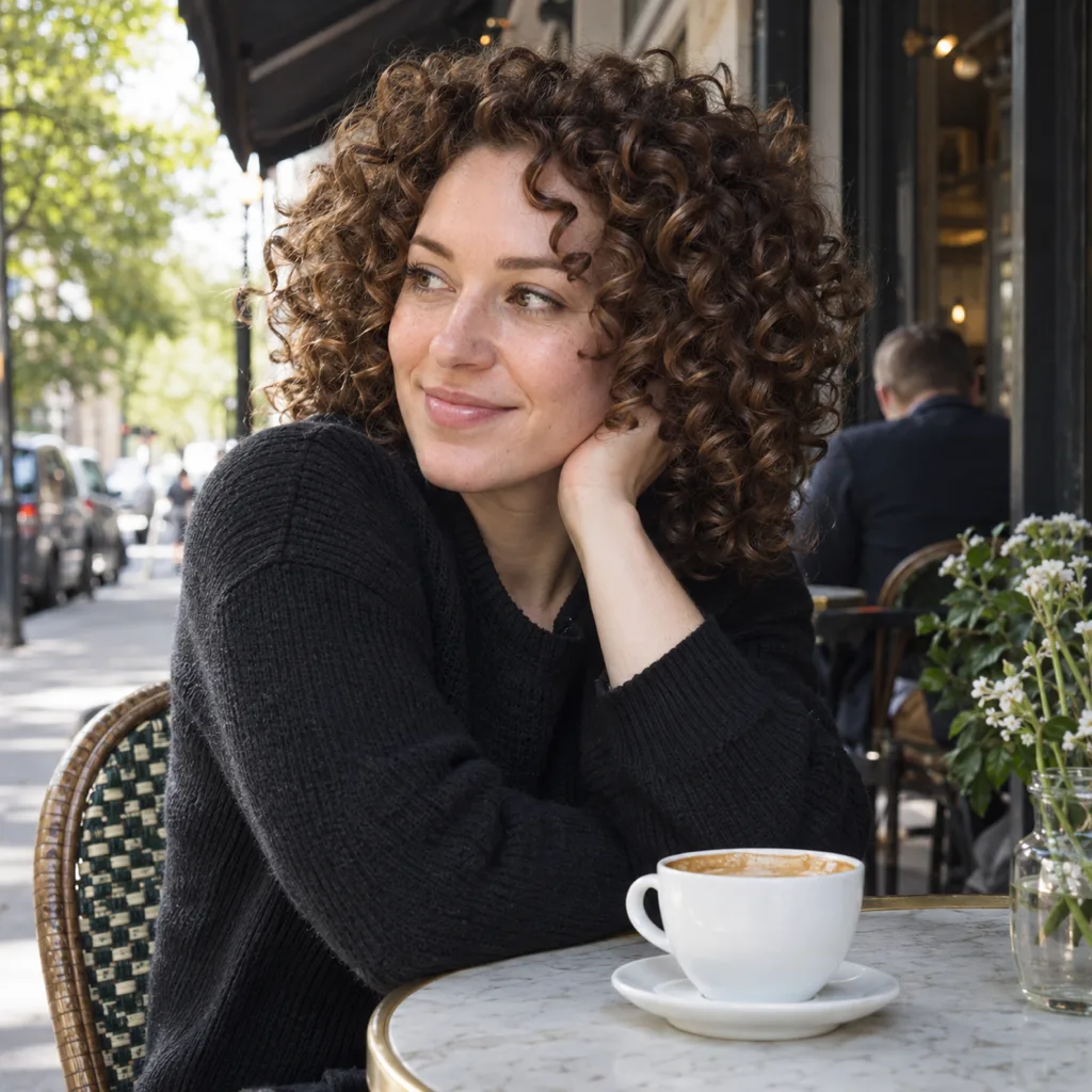 Young woman at a sidewalk cafe with shoulder length chestnut curls in a full rounded shape, a cappuccino on the table