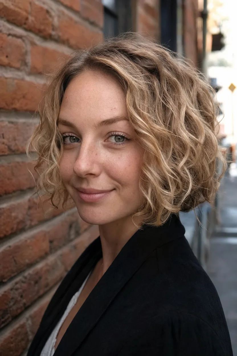 Young woman by a brick wall with a dirty blonde chin length wavy bob forming rounded volume around her jaw