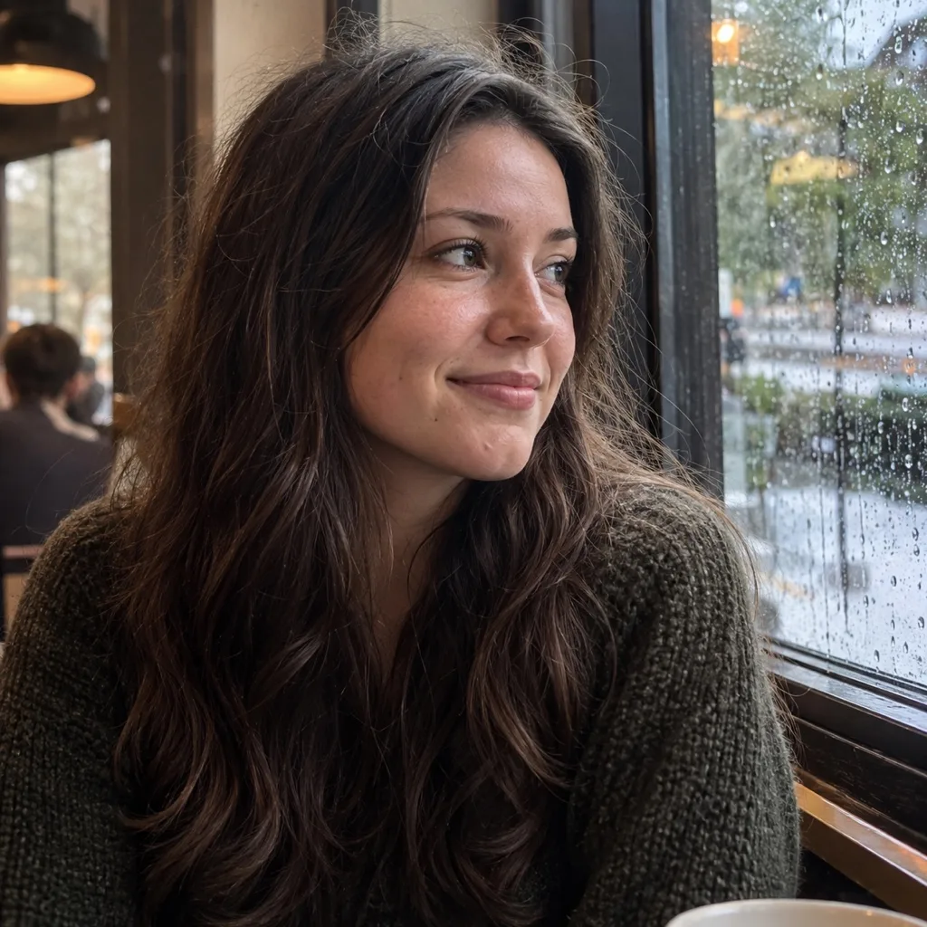 Young woman by a rainy cafe window with long dark brown hair in loose, full bends and some flyaways