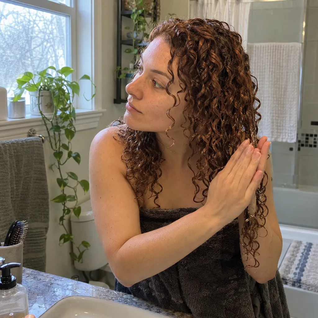 Young woman in a bathroom smoothing a section of soaking wet auburn curls between flat palms