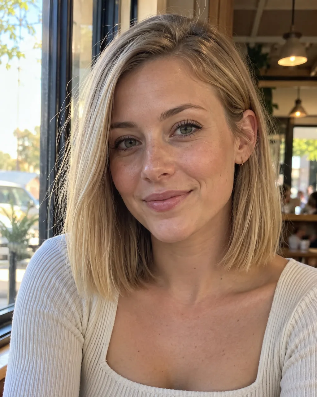 Young woman in a cafe window seat with a straight dirty blonde shoulder length bob tucked behind one ear, blunt ends at shoulder level