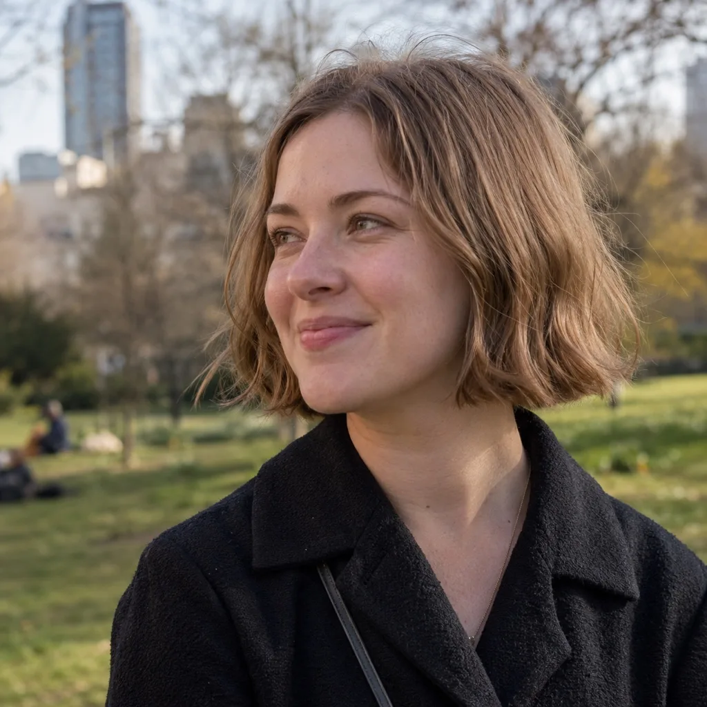 Young woman in a city park with light brown hair in a chin-length blunt bob, the ends lifting slightly