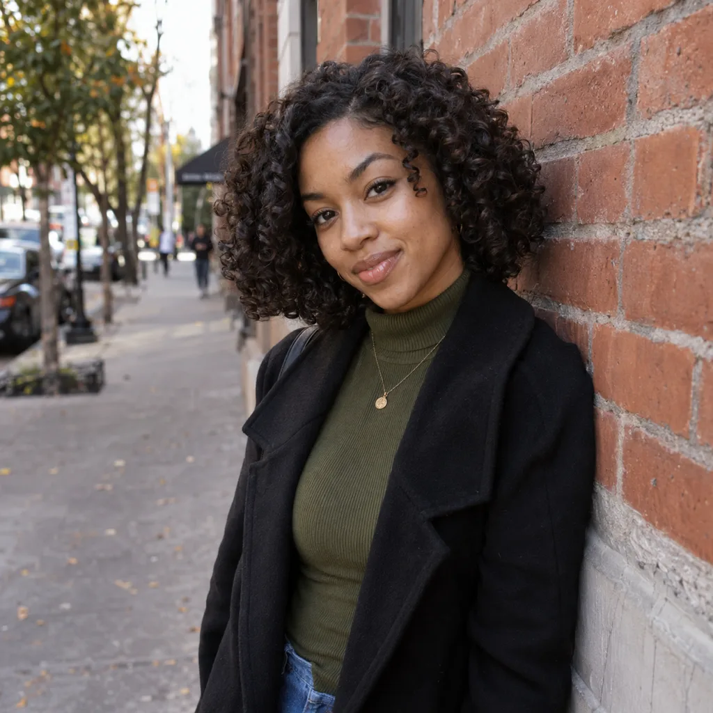 Young woman leaning on a red brick wall with a dark brown chin length curly bob full around her jaw