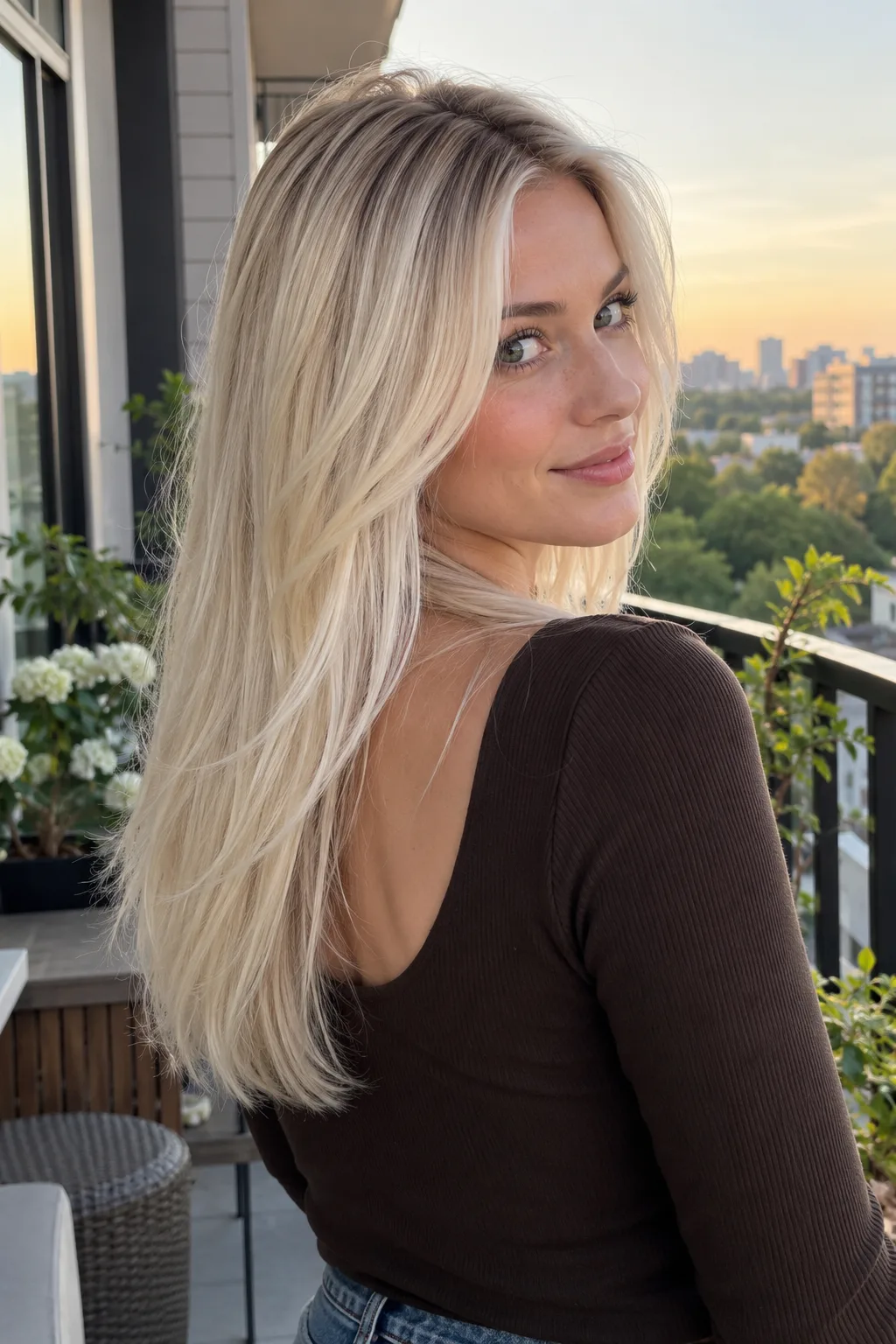 Young woman on a balcony at sunset looking over her shoulder, long bleached platinum blonde hair with a darker root, smooth and silky down her back