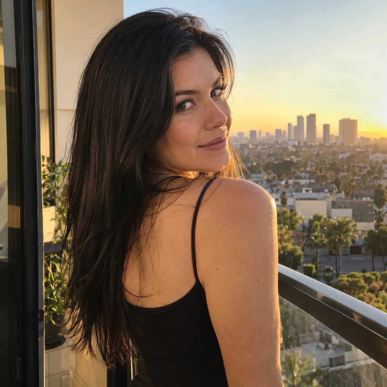 Young woman on a balcony at sunset looking over her shoulder, long thick black hair falling straight down her back